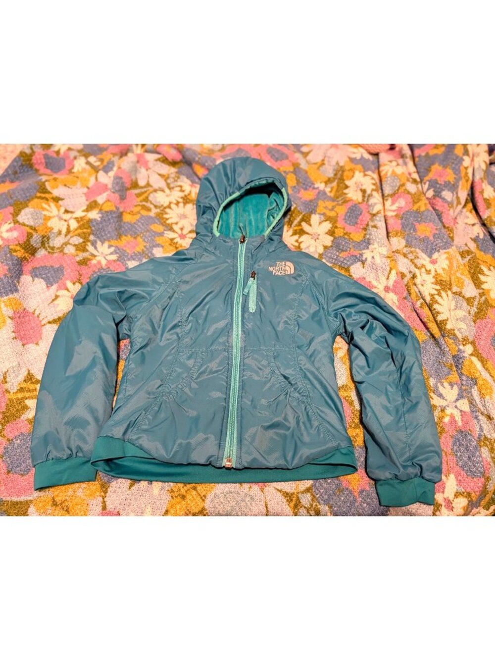 The North Face Girls Teal Hooded Reversible Full-Zip Jacket With Pockets XS